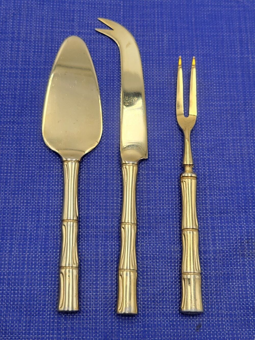 Vtg Gold Cane 3-Piece Cheese Serving Set Gold Electroplate Bamboo Design
